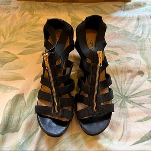 Steve Madden front zip black wedge heels